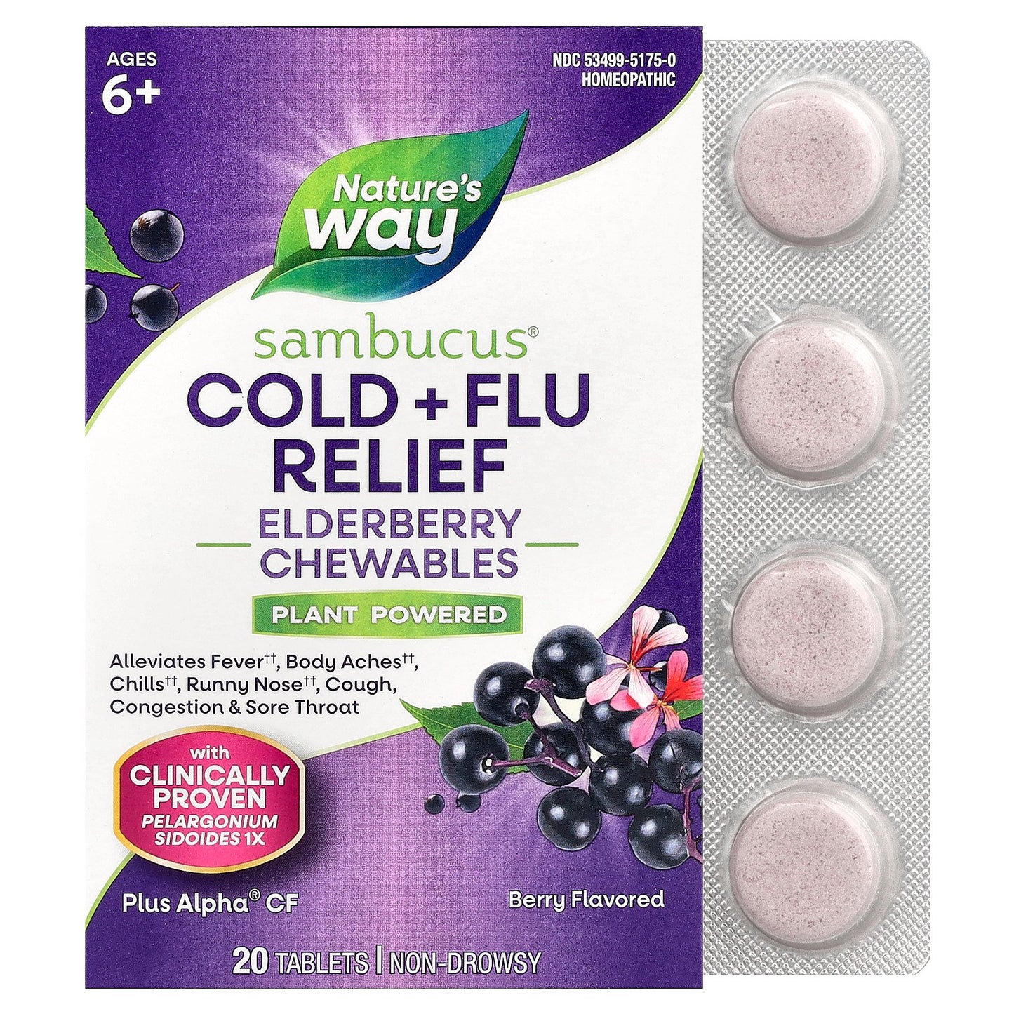 Nature's Way, Sambucus®, Cold + Flu Relief, Elderberry Chewables, Ages 6+, Berry, 20 Tablets