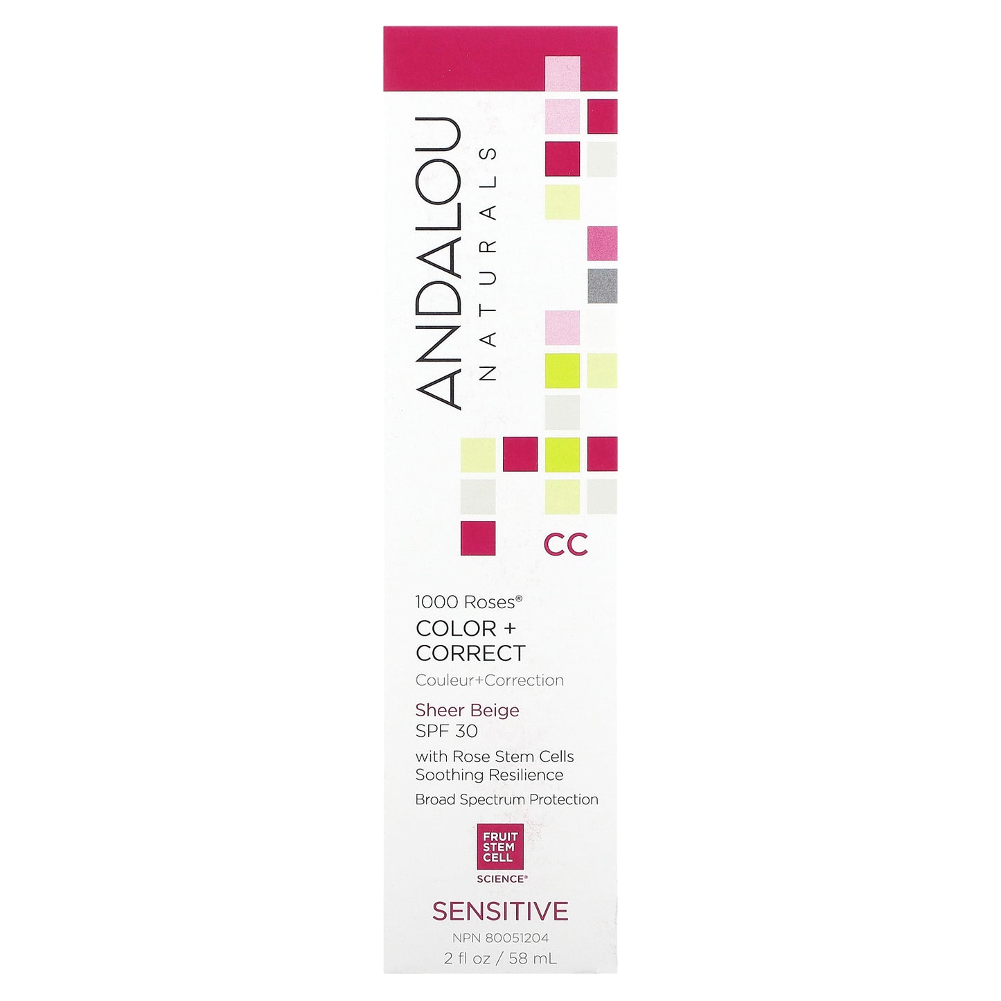 Andalou Naturals, 1000 Roses, CC Color + Correct, Sensitive, SPF 30, Sheer Beige, 2 fl oz (58 ml)