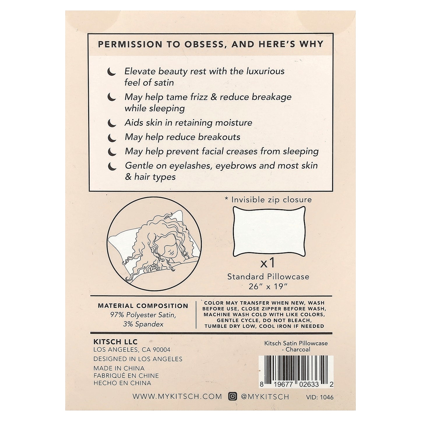 Kitsch, The Satin Pillowcase, Standard Size, Charcoal, 1 Pillowcase