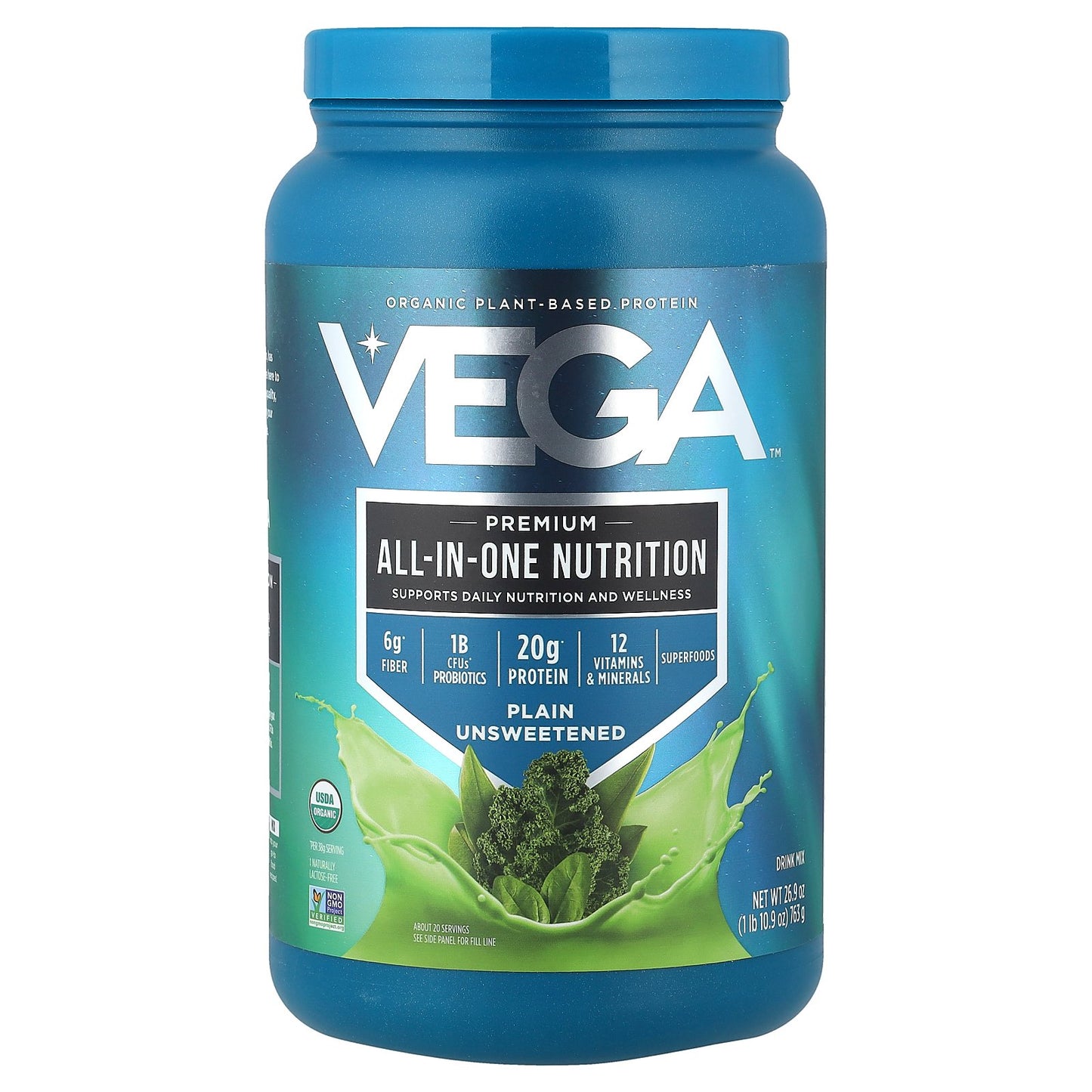 Vega, Organic Plant-Based Protein, Premium All-In-One Nutrition, Plain Unsweetened, 1 lb 10.9 oz (763 g)