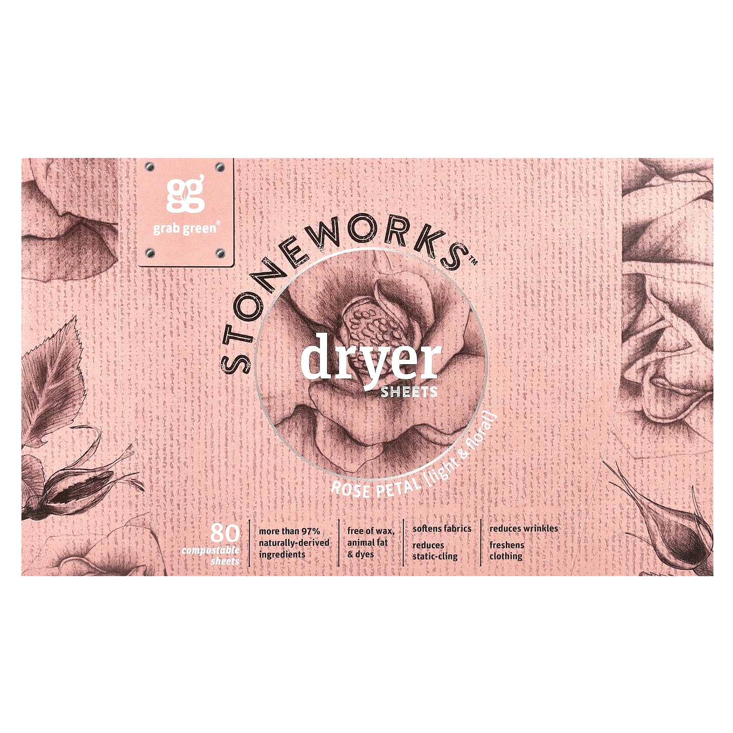 Grab Green, Stoneworks, Dryer Sheets, Rose Petal, 80 Compostable Sheets