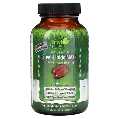 Irwin Naturals, Active-Male, Steel Libido Max3 + Nitric Oxide Booster, 75 Liquid Soft-Gels