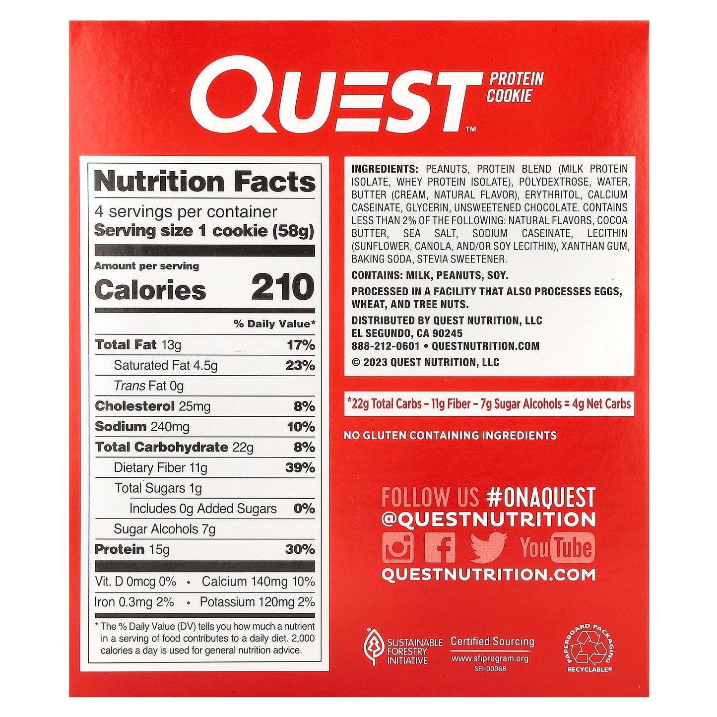 Quest Nutrition, Protein Cookie, Peanut Butter Chocolate Chip, 4 Cookies, 2.04 oz (58 g) Each