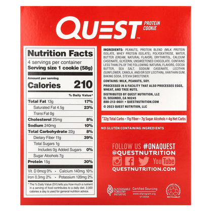 Quest Nutrition, Protein Cookie, Peanut Butter Chocolate Chip, 4 Cookies, 2.04 oz (58 g) Each