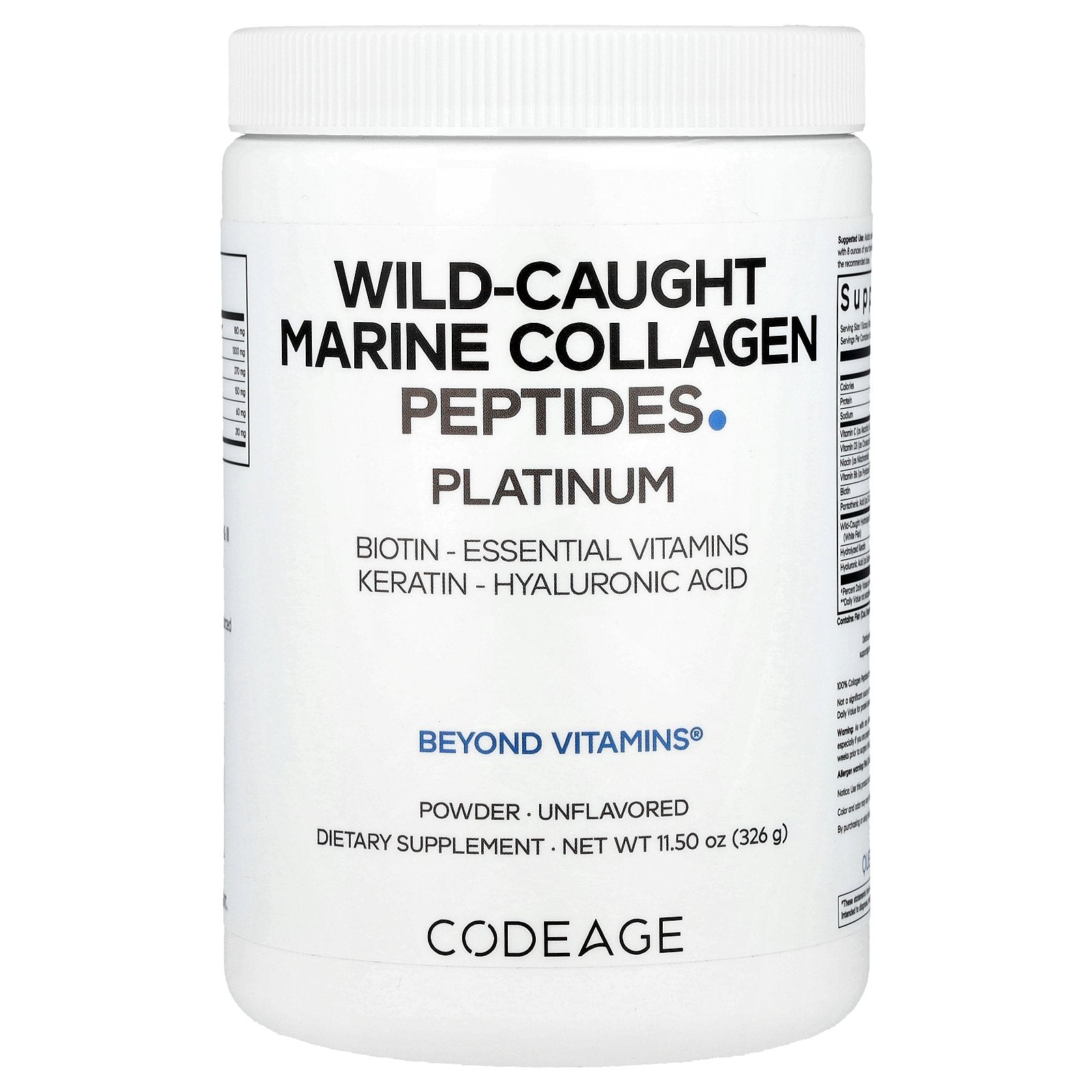Codeage, Wild-Caught Marine Collagen Peptides Powder, Platinum, Unflavored, 11.5 oz (326 g)