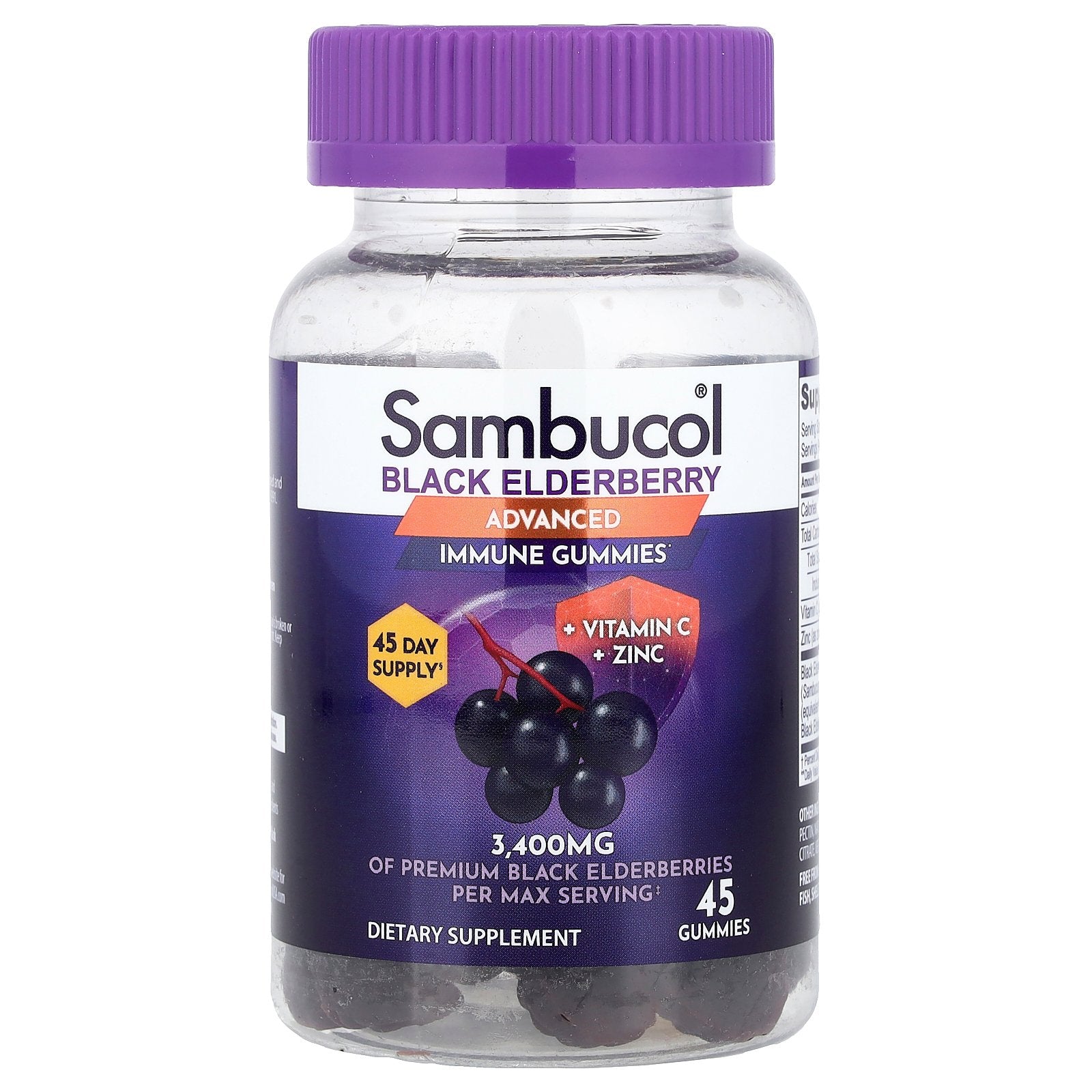 Sambucol, Black Elderberry, Advanced Immune Gummies + Vitamin C + Zinc, 45 Gummies