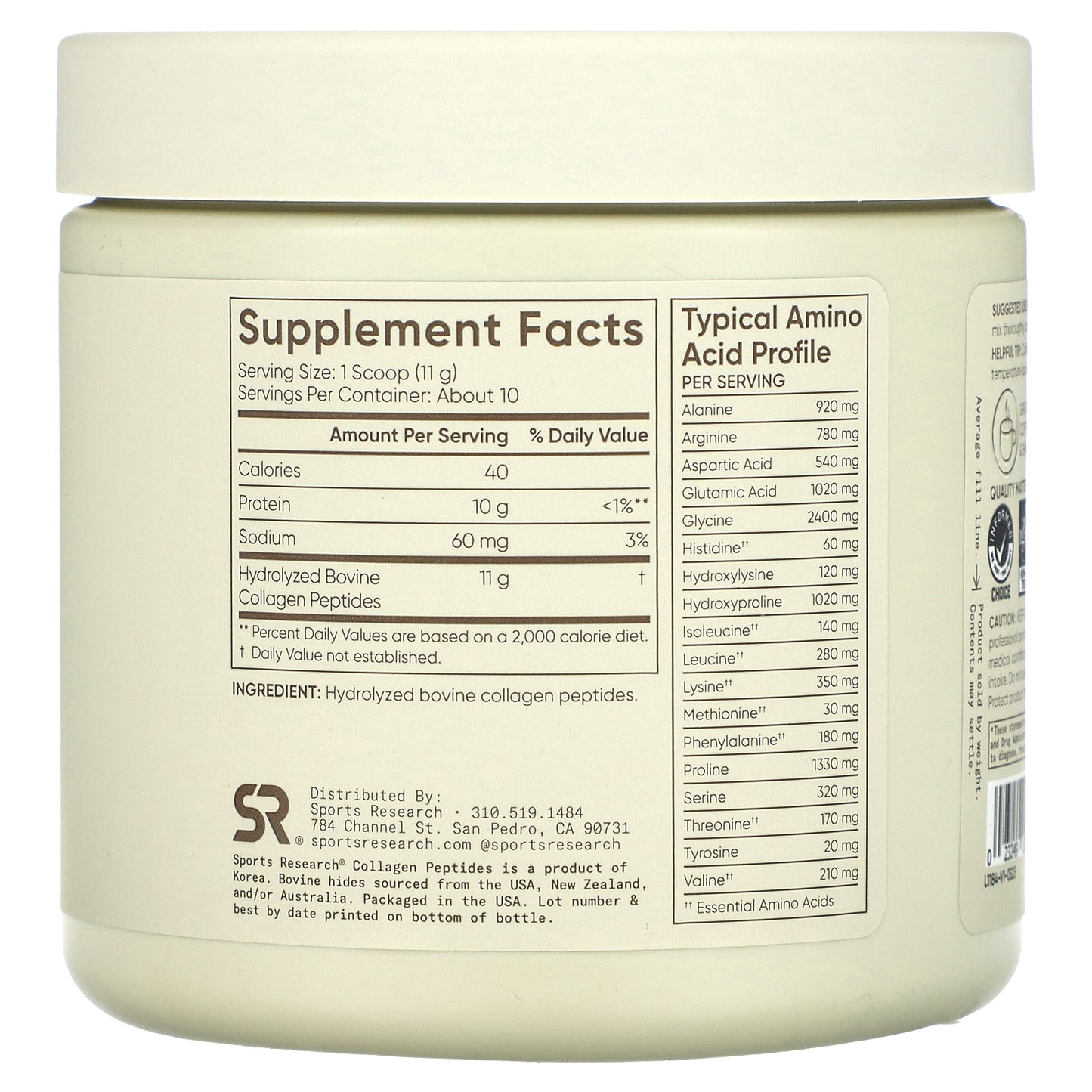 Sports Research, Collagen Peptides,  Unflavored, 3.9 oz (110.6 g)