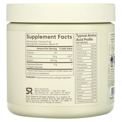 Sports Research, Collagen Peptides,  Unflavored, 3.9 oz (110.6 g)
