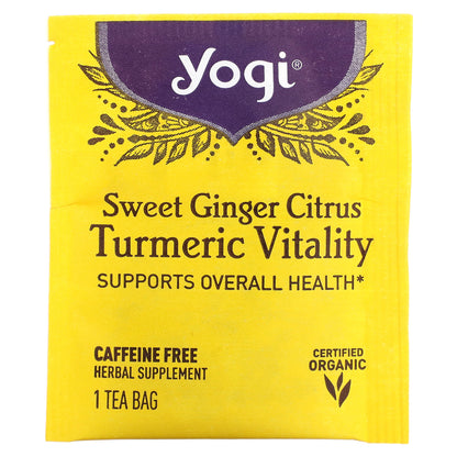 Yogi Tea, Turmeric Vitality, Sweet Ginger Citrus, Caffeine Free, 16 Tea Bags, 1.12 oz (32 g)