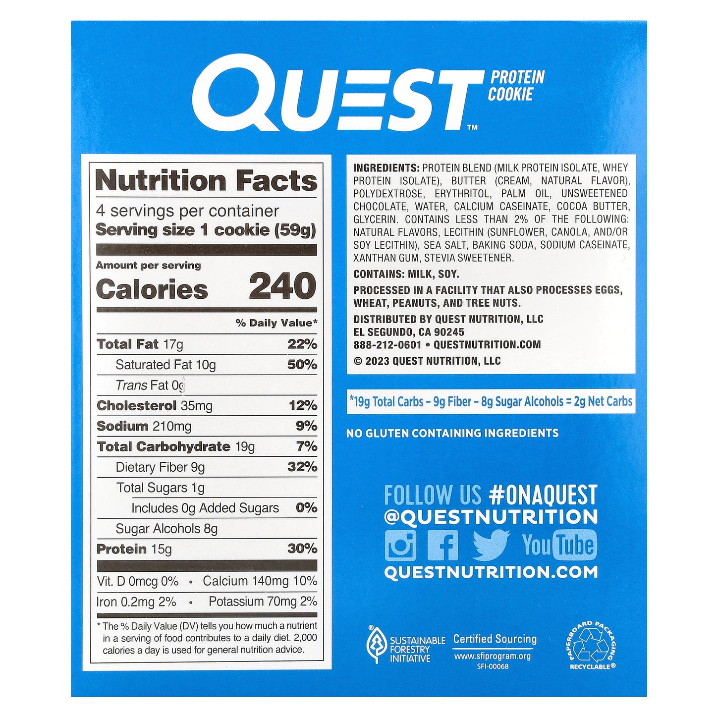 Quest Nutrition, Protein Cookie, Chocolate Chip, 4 Cookies, 2.08 oz (59 g) Each