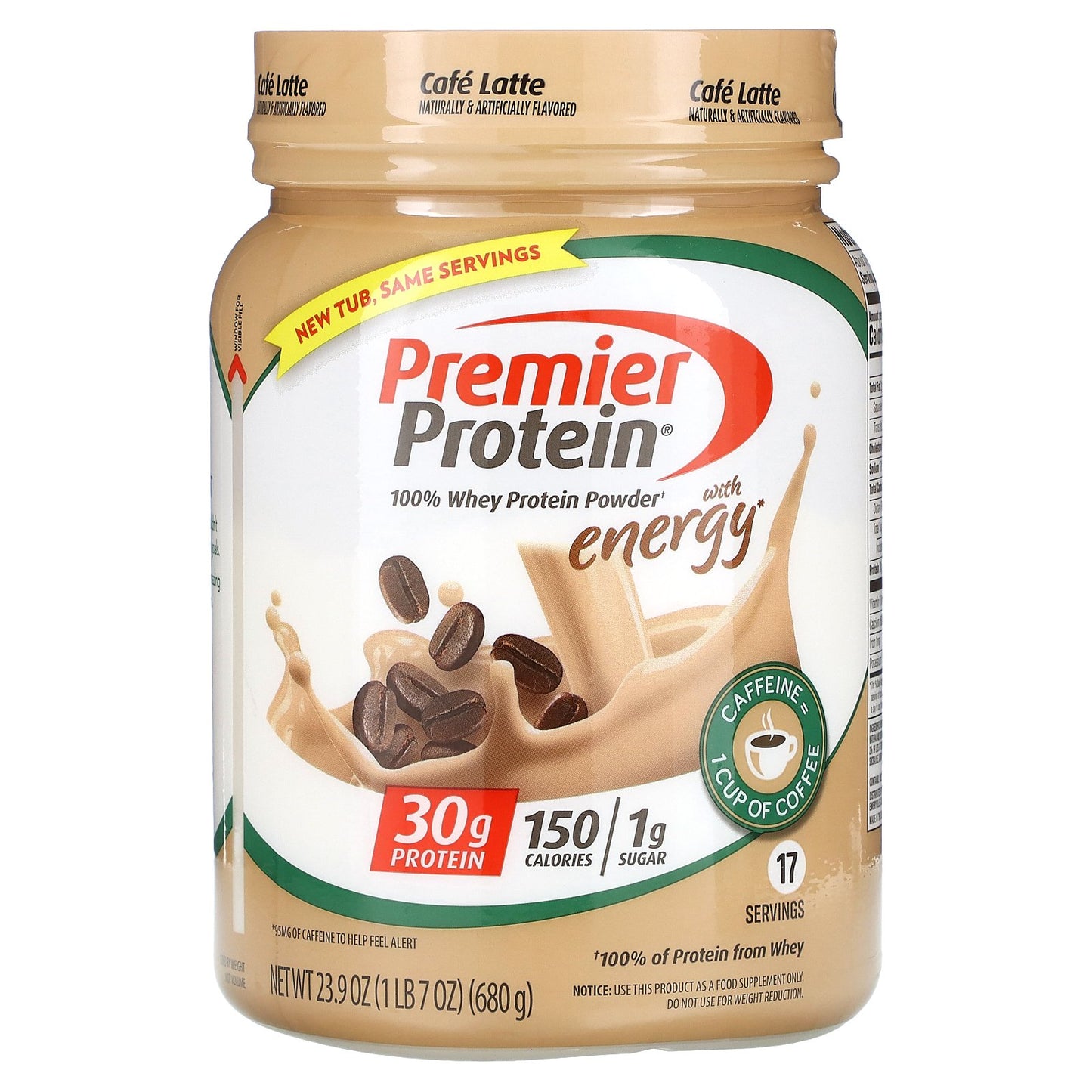 Premier Protein, 100% Whey Protein Powder with Energy, Cafe Latte, 23.9 oz (680 g)