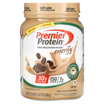 Premier Protein, 100% Whey Protein Powder with Energy, Cafe Latte, 23.9 oz (680 g)