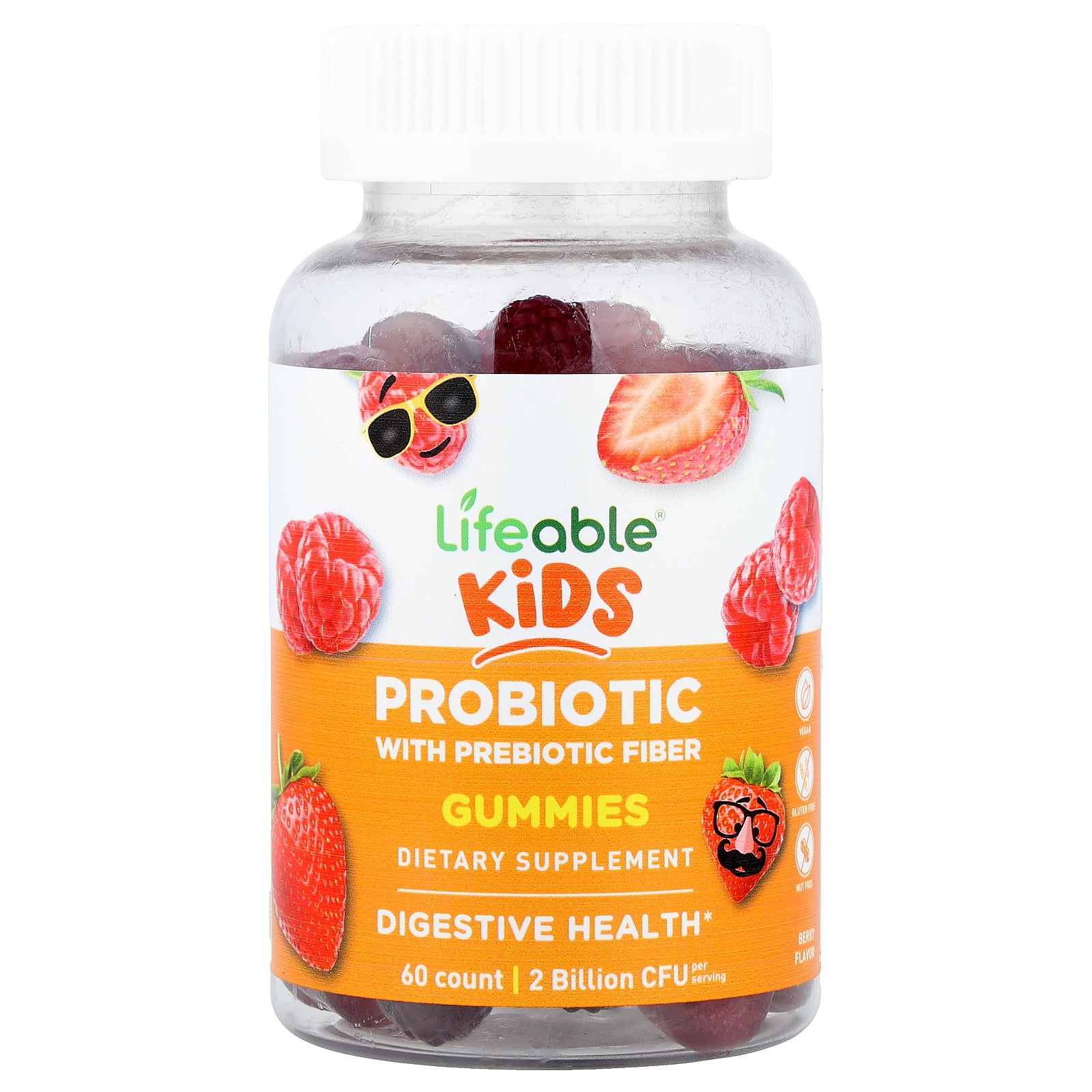 Lifeable, Kids Probiotic With Prebiotic Fiber Gummies, Berry, 60 Gummies
