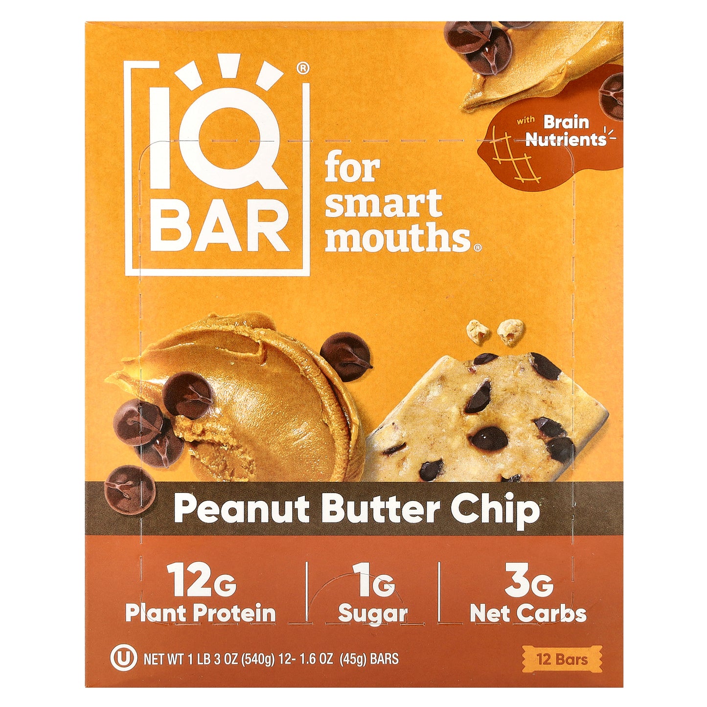 IQBAR, Plant Protein Bar, Peanut Butter Chip, 12 Bars, 1.6 oz (45 g) Each
