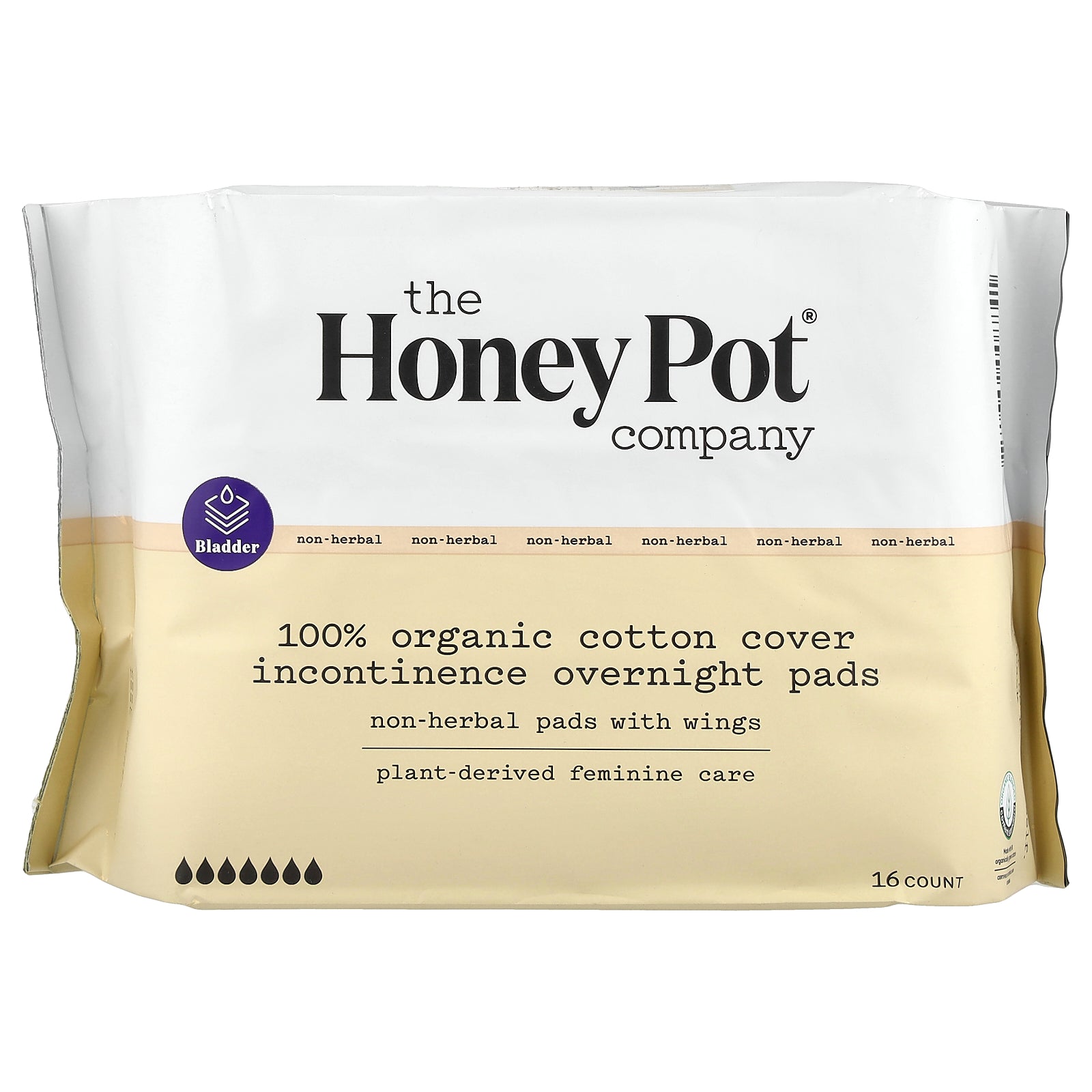 The Honey Pot Company, Non-Herbal Cotton Pads With Wings, Organic Incontinence Overnight , 16 Count