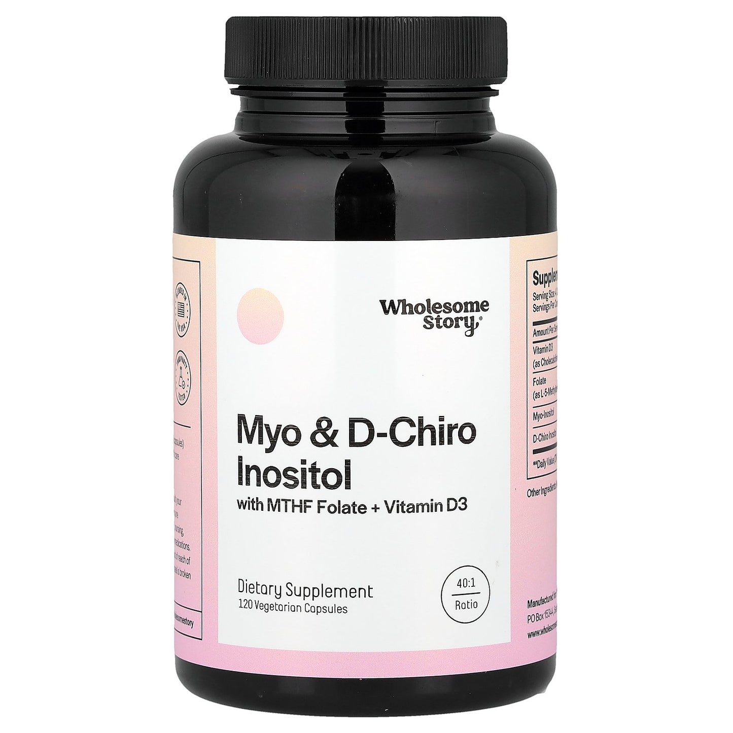 Wholesome Story, Myo & D-Chiro Inositol with MTHF Folate + Vitamin D3, 120 Vegetarian Capsules