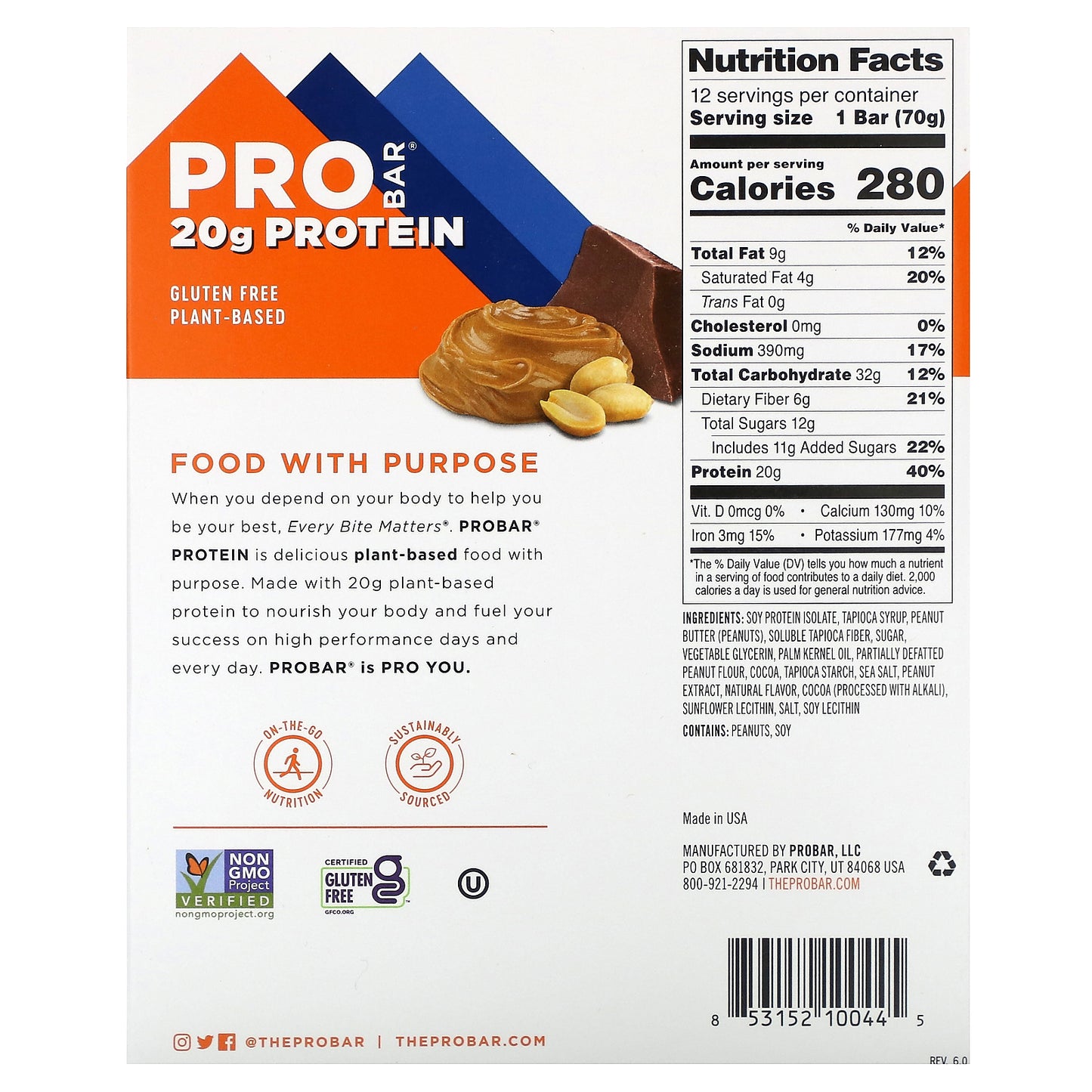 ProBar, Protein Bar, Peanut Butter Chocolate, 12 Bars, 2.47 oz (70 g) Each