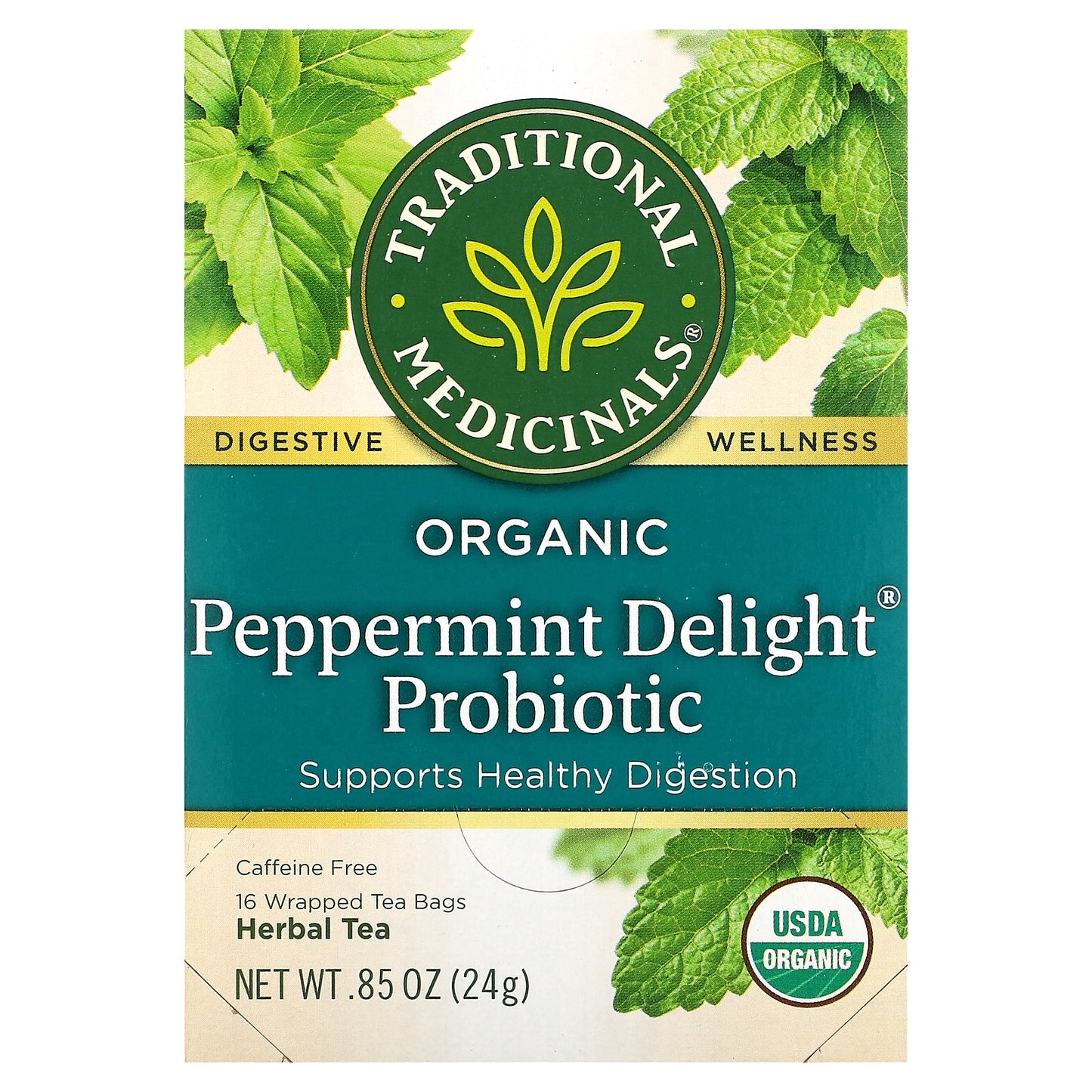 Traditional Medicinals, Organic Peppermint Delight Probiotic, Caffeine Free, 16 Wrapped Tea Bags, 0.85 oz (24 g)