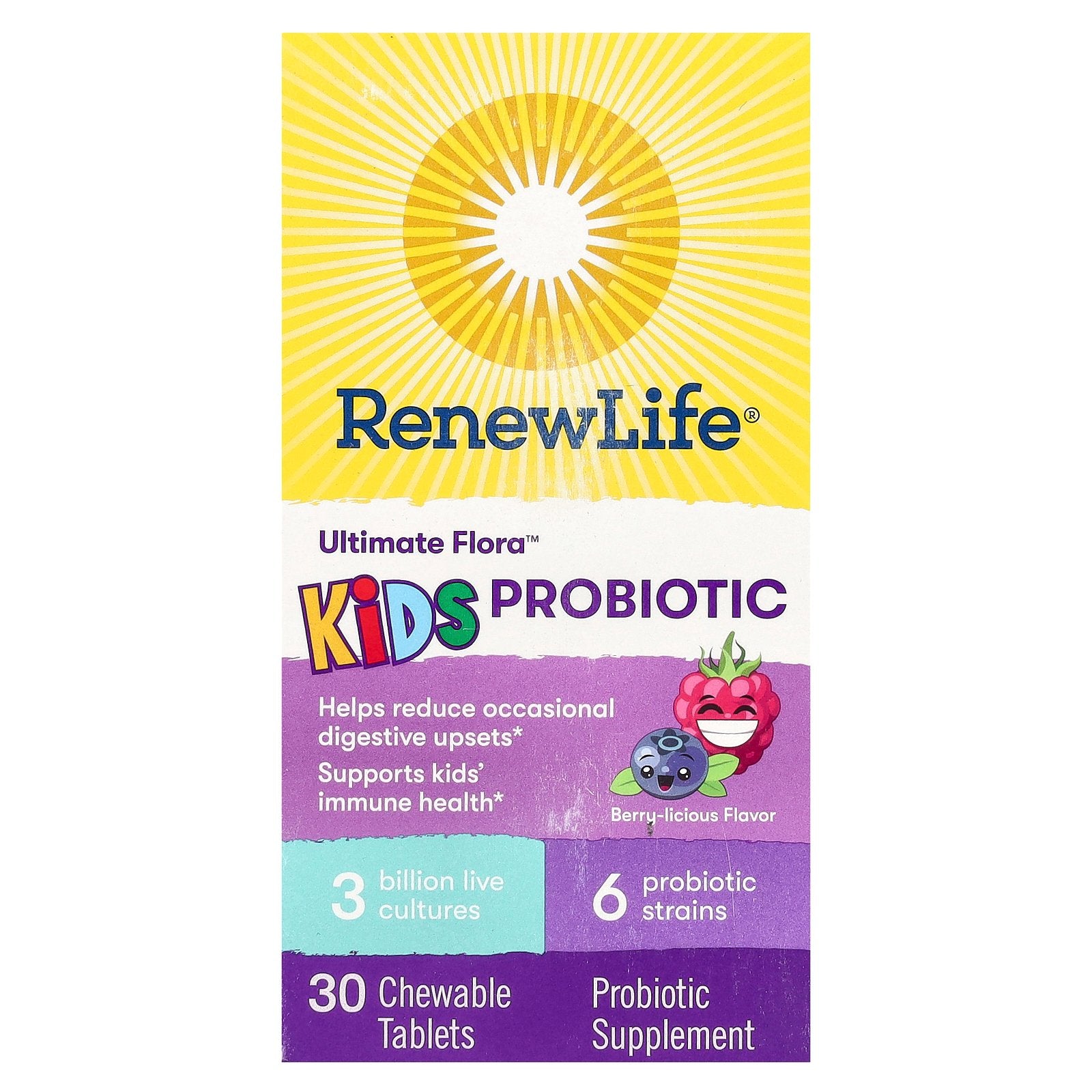 Renew Life, Ultimate Flora, Kids Probiotic, Berry-licious, 3 Billion Live Cultures, 30 Chewable Tablets