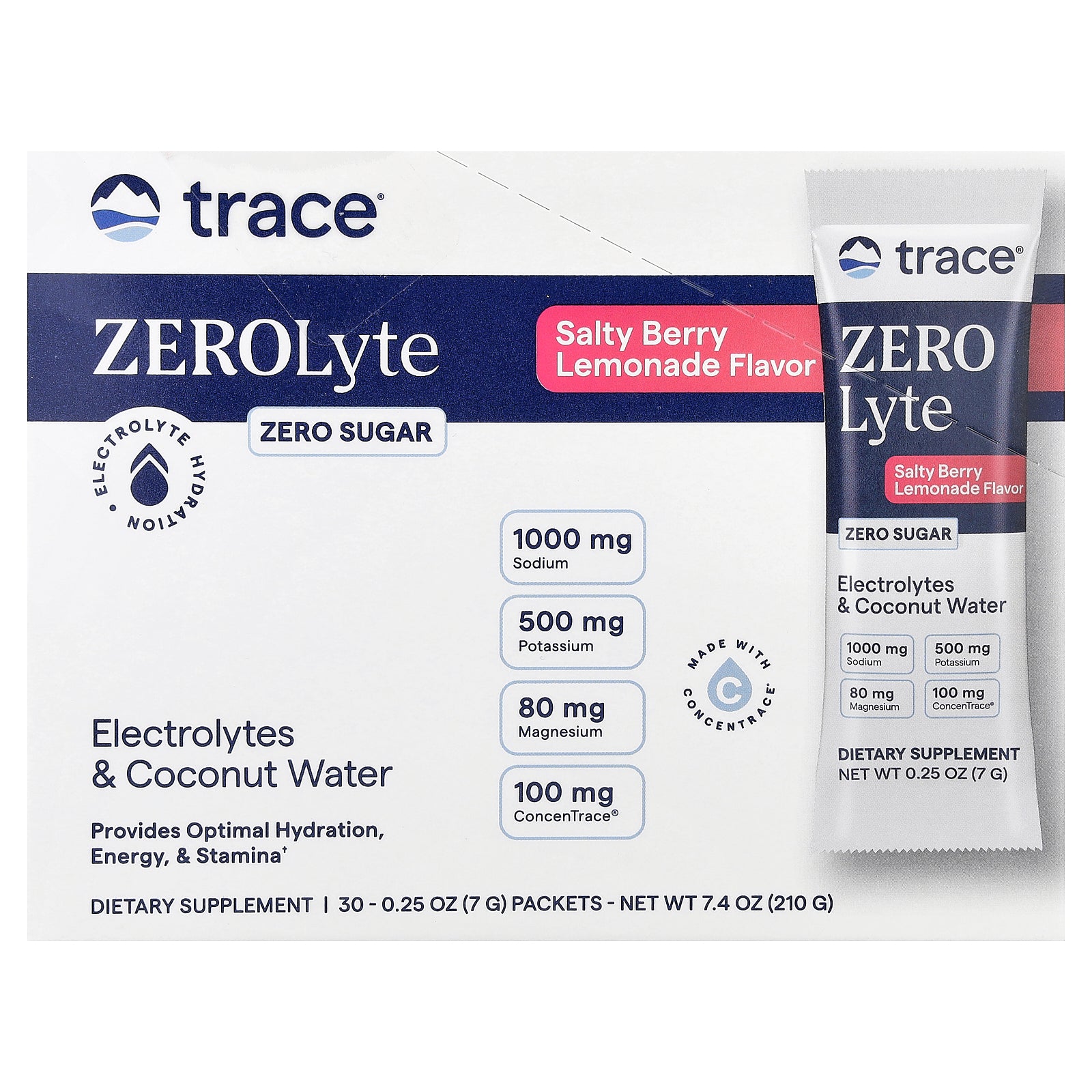 Trace, ZEROLyte, Electrolyte & Coconut Water, Salty Berry Lemonade, 30 Packets, 0.25 oz (7 g) Each