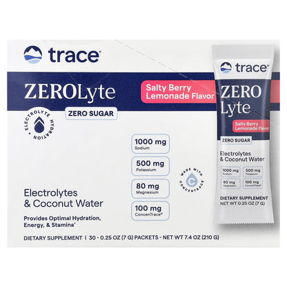 Trace, ZEROLyte, Electrolyte & Coconut Water, Salty Berry Lemonade, 30 Packets, 0.25 oz (7 g) Each