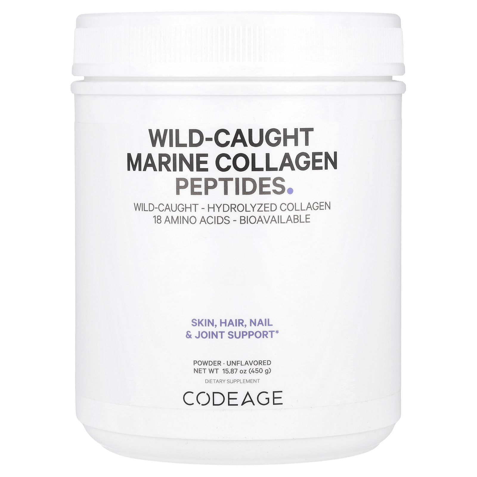 Codeage, Wild-Caught Marine Collagen Peptides Powder, Unflavored, 15.87 oz (450 g)