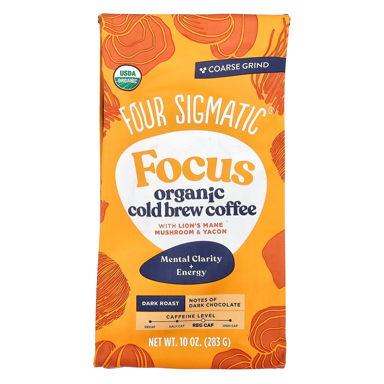 Four Sigmatic, Focus, Organic Cold Brew Coffee With Lion's Mane, Mushroom & Yacon, Coarse Grind, Dark Roast, 10 oz (283 g)