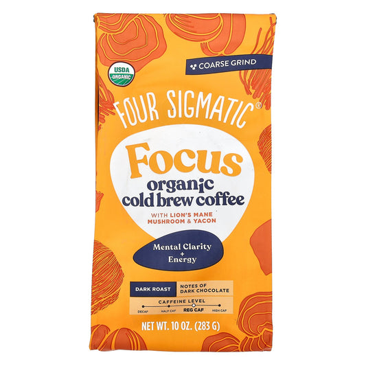 Four Sigmatic, Focus, Organic Cold Brew Coffee With Lion's Mane, Mushroom & Yacon, Coarse Grind, Dark Roast, 10 oz (283 g)