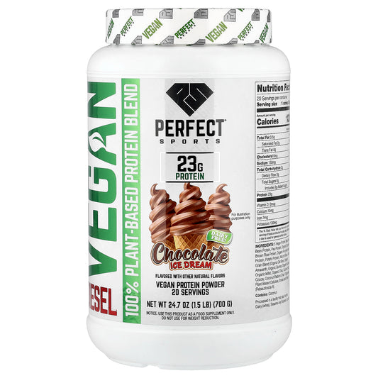 PERFECT Sports, Vegan Diesel, 100% Plant-Based Protein Blend, Chocolate Ice Dream, 1.5 lb (700 g)