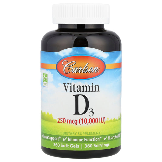 Carlson, Vitamin D3, 250 mcg (10,000 IU), 360 Soft Gels