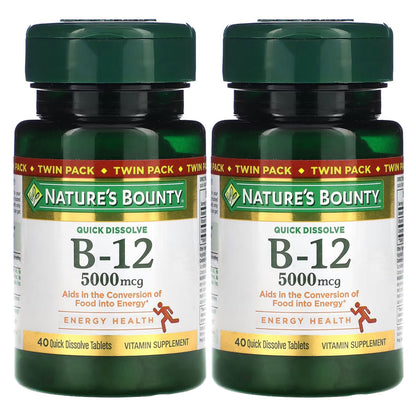 Nature's Bounty, B-12, Naturally Cherry, 5,000 mcg, Twin Pack, 40 Quick Dissolve Tablets Each