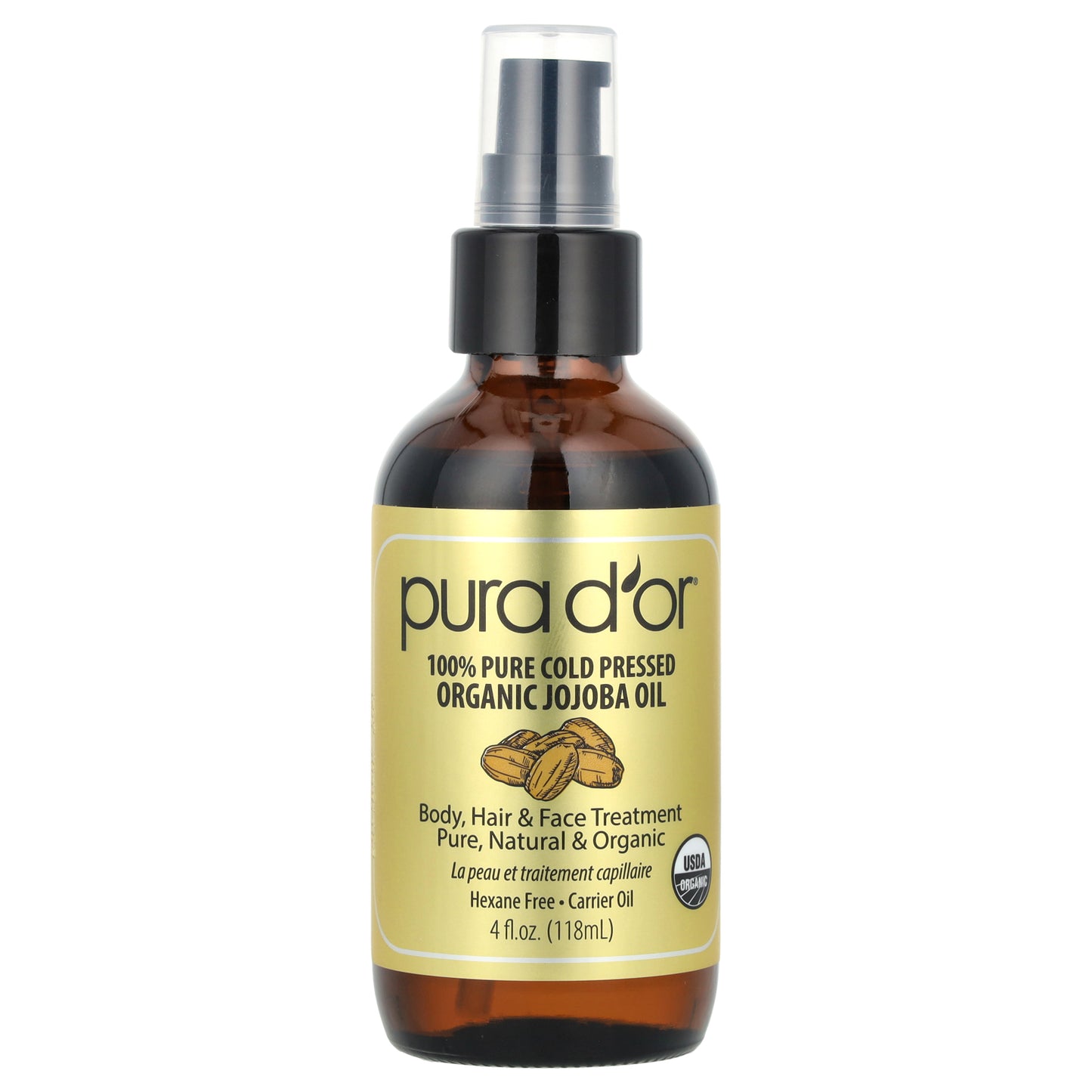 Pura D'or, 100% Pure Cold Pressed Organic Jojoba Oil, 4 fl oz (118 ml)