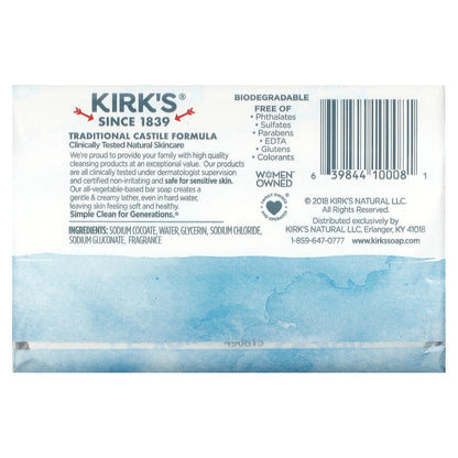 Kirk's, 100% Premium Coconut Oil Gentle Castile Soap, Original Fresh Scent, 3 Bars, 4 oz (113 g) Each