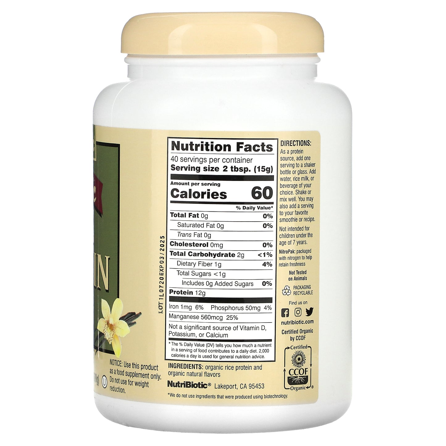 NutriBiotic, Raw Organic Rice Protein, Vanilla, 1 lb (600 g)