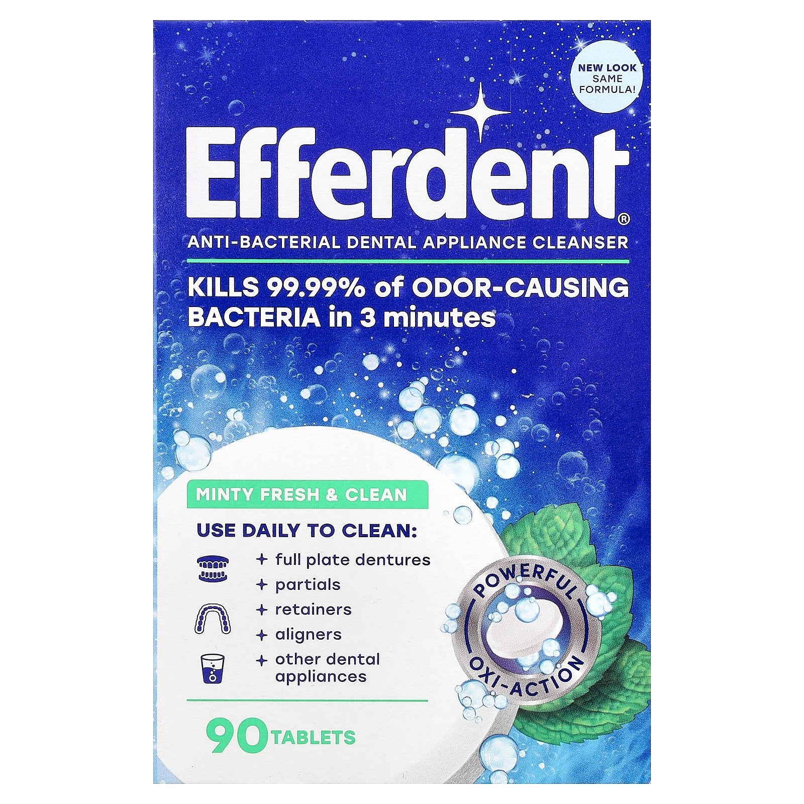 Efferdent, Anti-Bacterial Dental Appliance Cleanser, Minty Fresh & Clean, 90 Tablets