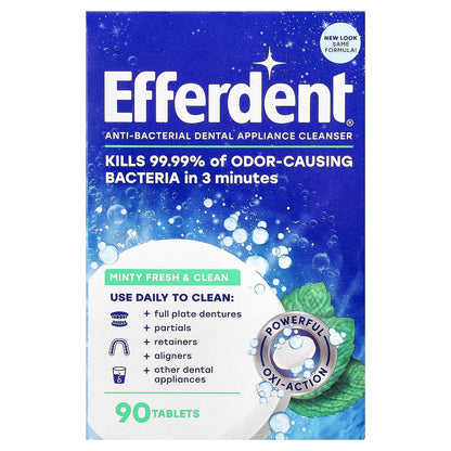 Efferdent, Anti-Bacterial Dental Appliance Cleanser, Minty Fresh & Clean, 90 Tablets