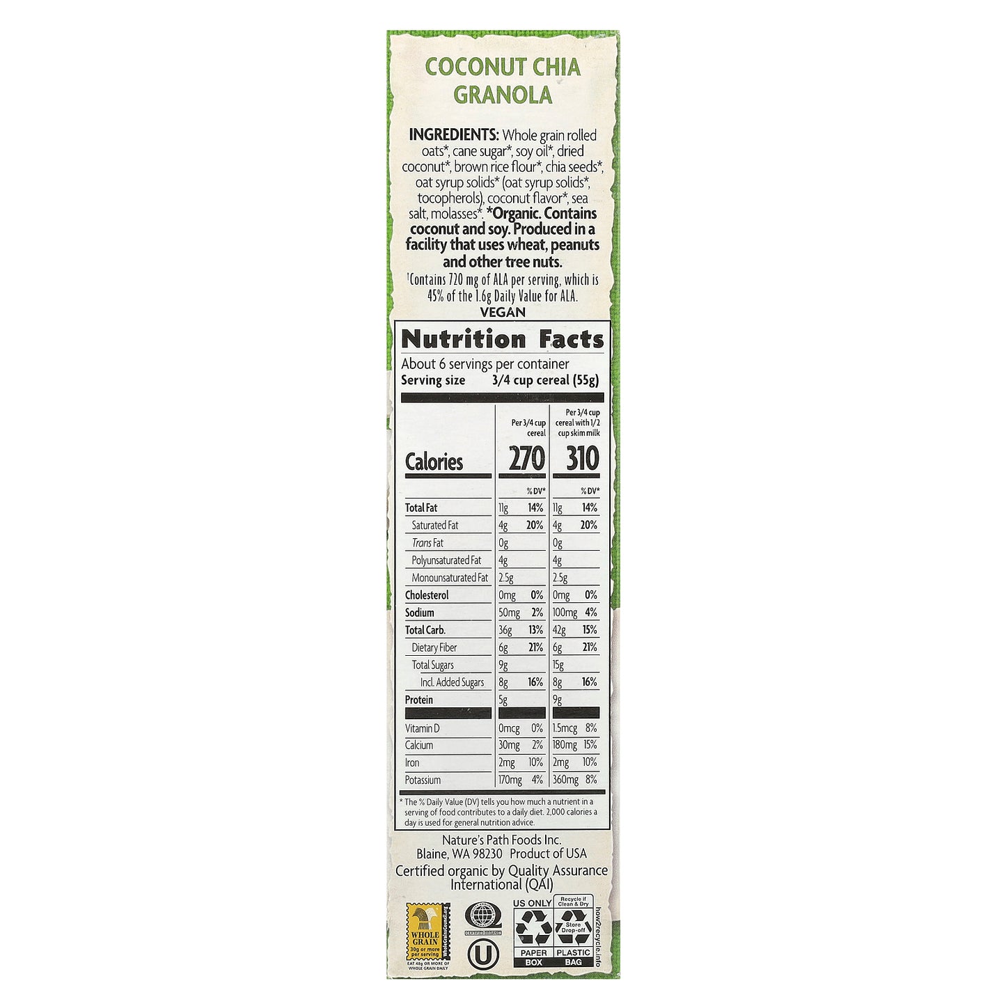 Nature's Path, Organic Coconut Chia Granola Cereal , 12.34 oz (350 g)