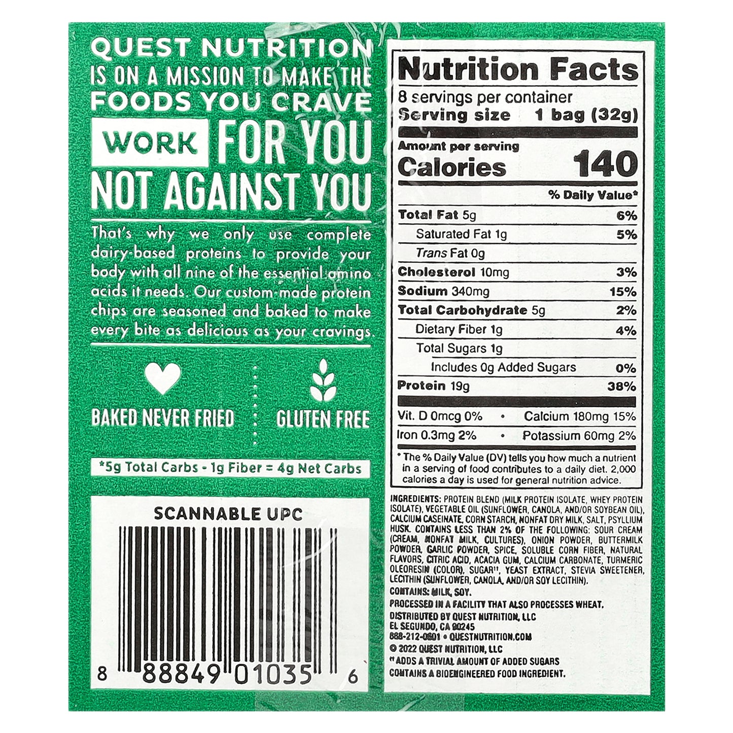 Quest Nutrition, Original Style Protein Chips, Sour Cream & Onion, 8 Bags, 1.1 oz (32 g) Each