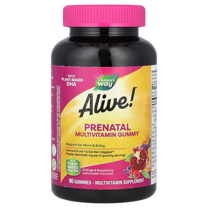 Nature's Way, Alive!® Prenatal Multivitamin Gummy, Orange & Raspberry-Lemonade, 90 Gummies