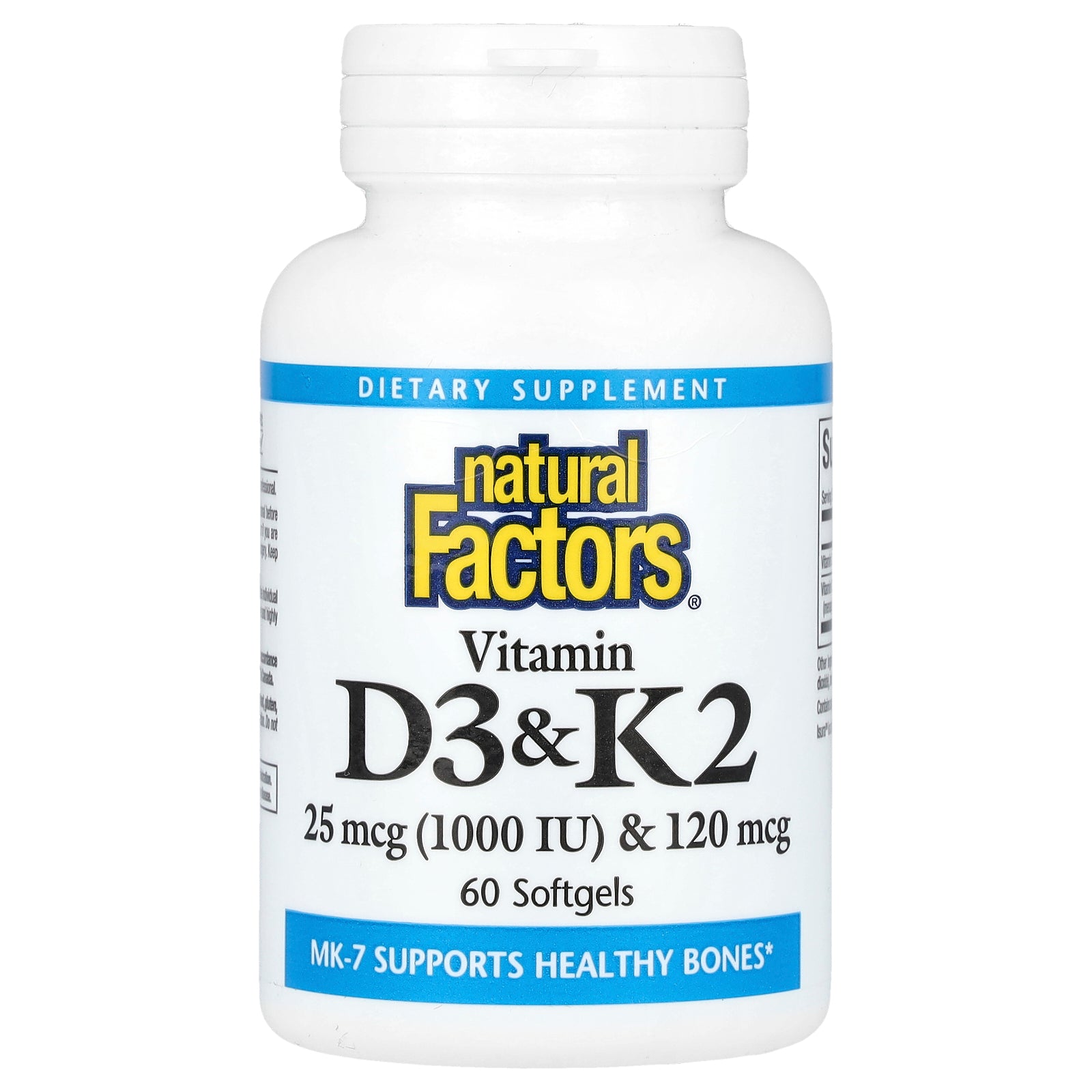 Natural Factors, Vitamin D3 & K2, 25 mcg (1,000 IU) & 120 mcg, 60 Softgels