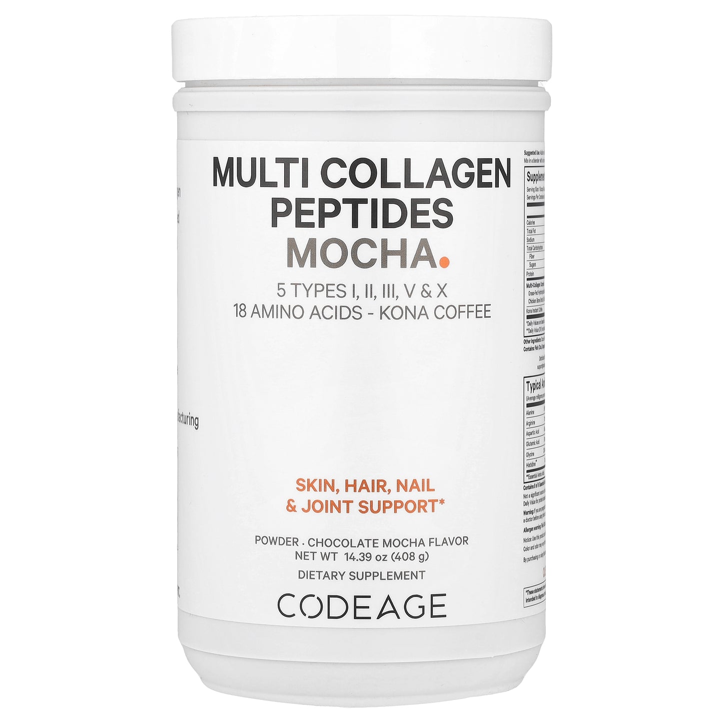 Codeage, Multi Collagen Peptides Mocha Powder, Chocolate Mocha, 14.39 oz (408 g)