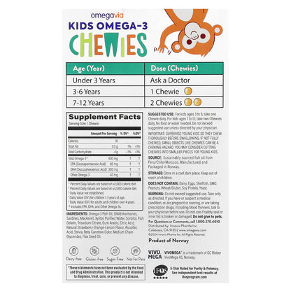 OmegaVia, Kids Omega-3 Chewies, Age 3+, Natural Fruit, 30 Chewies