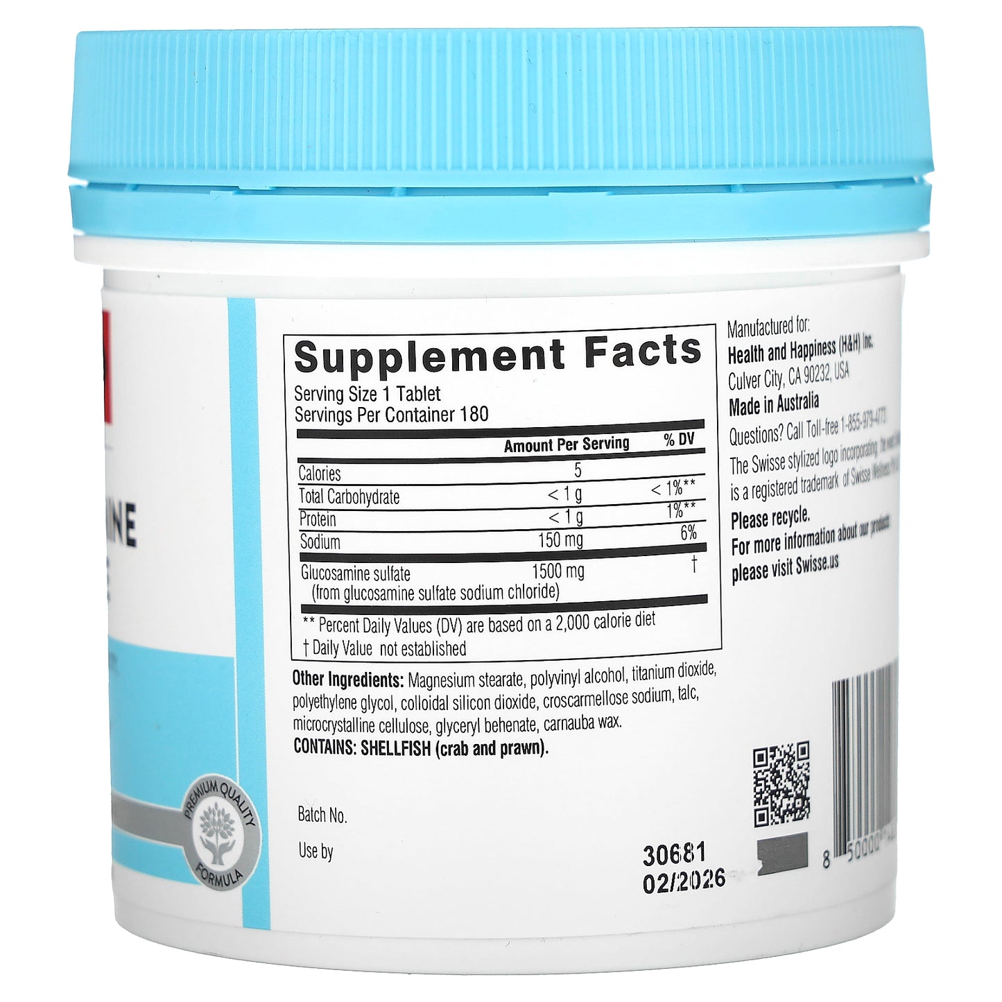 Swisse, Ultiboost, Glucosamine Sulfate, 1,500 mg, 180 Tablets