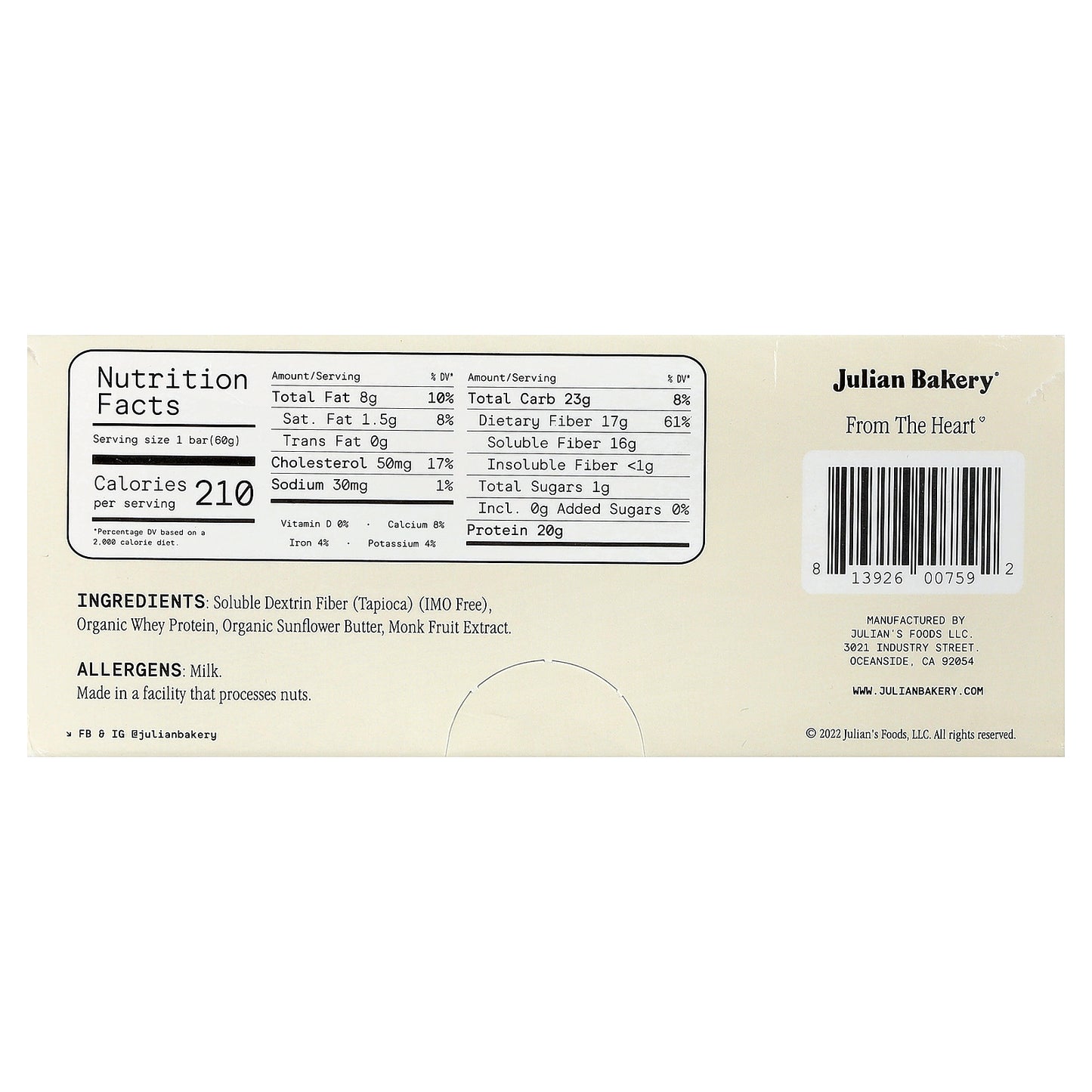 Julian Bakery, Whey Protein Bar, Sweet Cream, 12 Bars, 2.1 oz (60 g) Each