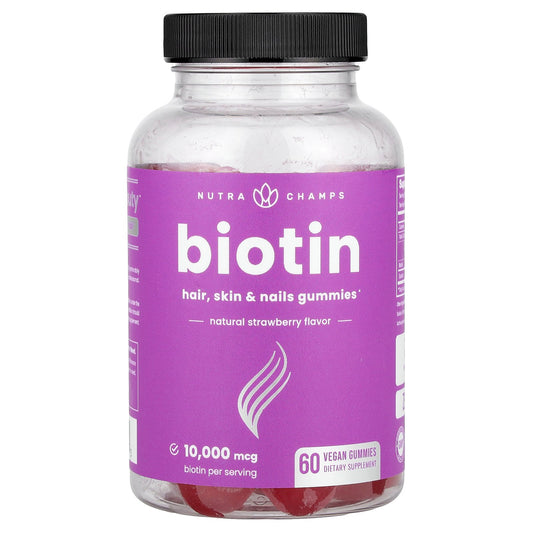 NutraChamps, Biotin Gummies, Natural Strawberry, 60 Vegan Gummies (5,000 mcg per Gummy)