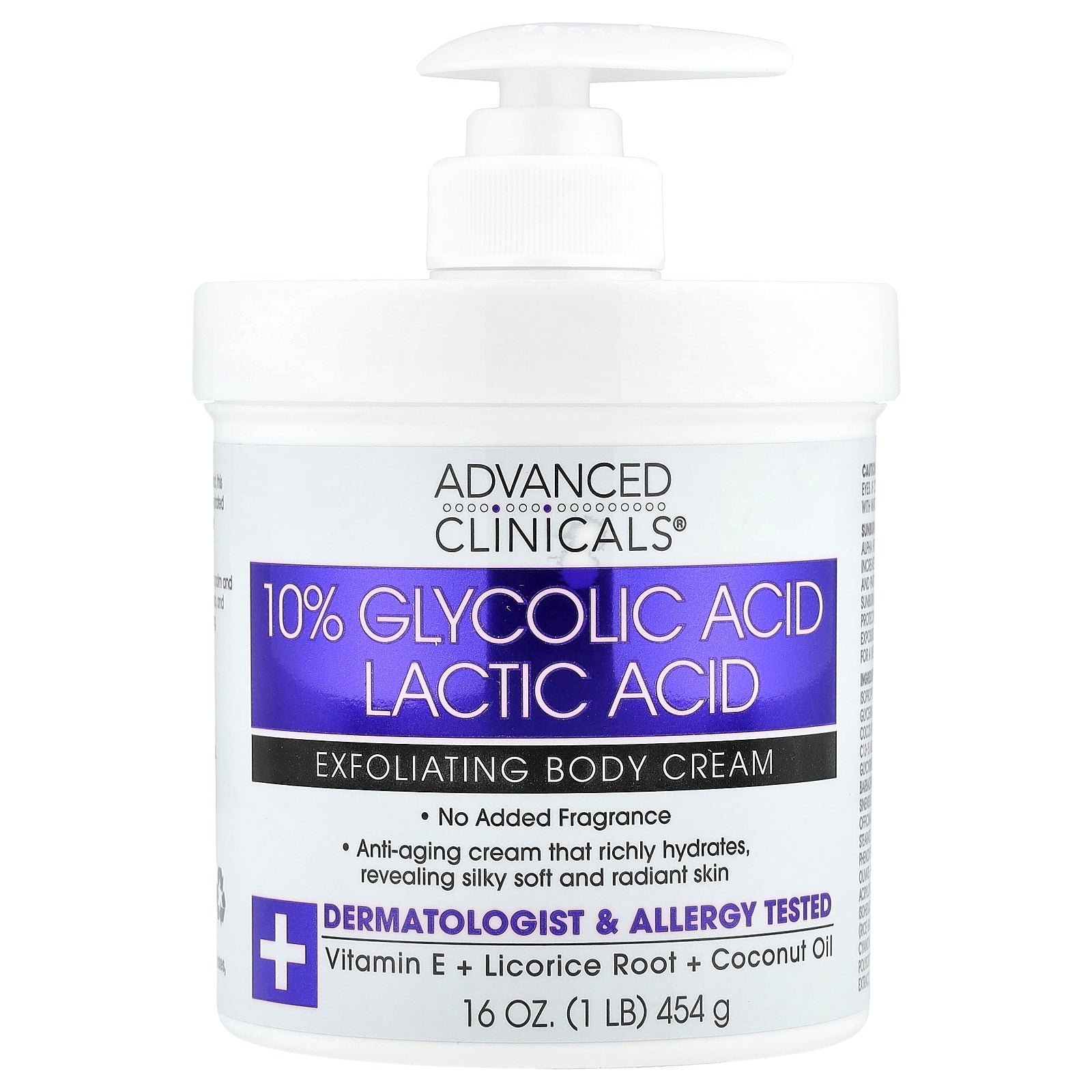 Advanced Clinicals, 10% Glycolic Acid, Lactic Acid, Exfoliating Body Cream, 16 oz (454 g)