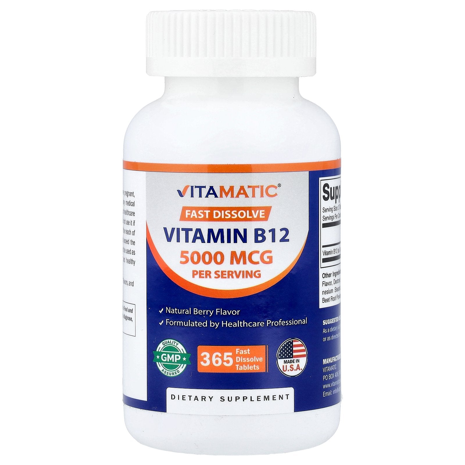 Vitamatic, Vitamin B12, Natural Berry, 365 Fast Dissolve Tablets (2,500 mcg per Tablet)