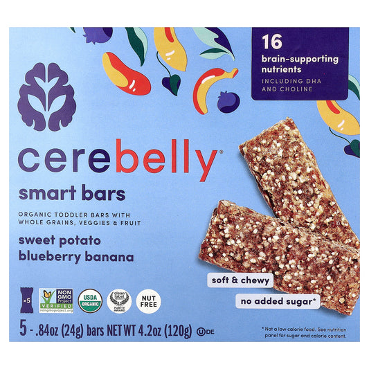 Cerebelly, Smart Bars, Organic Toddler Bars, Sweet Potato Blueberry Banana, 5 Bars, 0.84 oz (24 g) Each