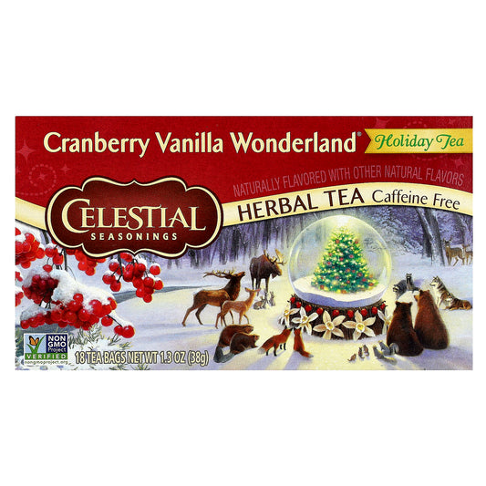 Celestial Seasonings, Holiday Herbal Tea, Cranberry Vanilla Wonderland®, Caffeine Free, 18 Tea Bags, 1.3 oz (38 g)