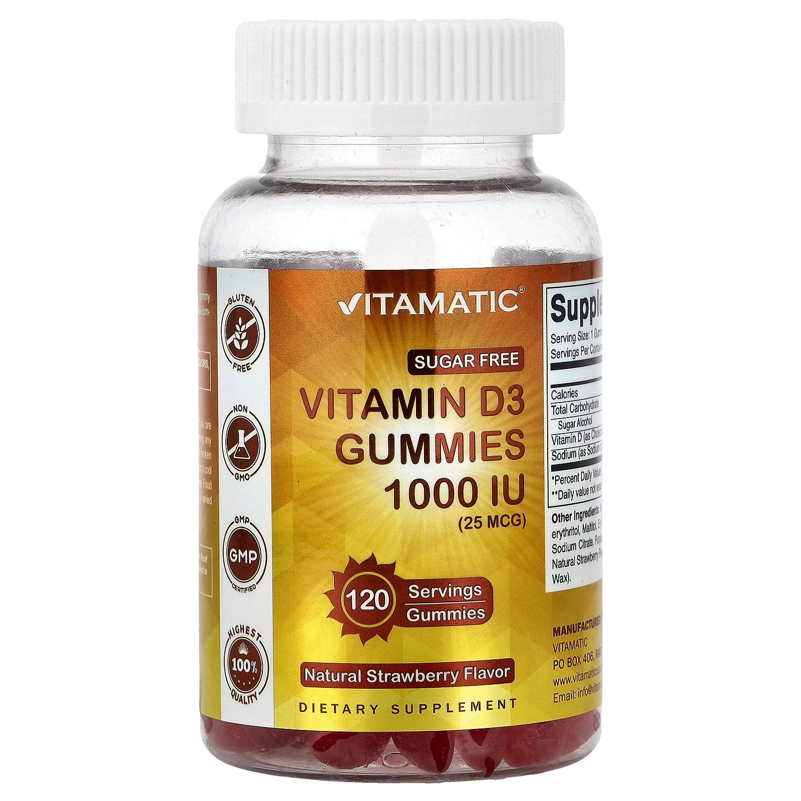 Vitamatic, Vitamin D3 Gummies, Natural Strawberry, 1,000 IU (25 mcg), 120 Gummies